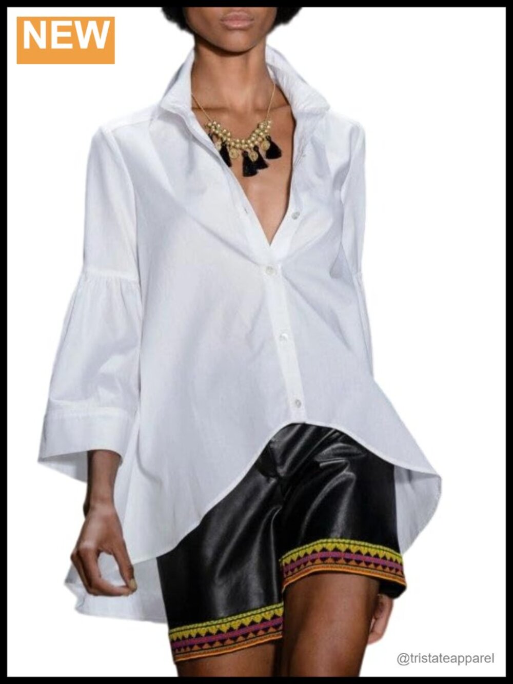 100% Cotton Women's Casual Button Down Blouse, 3/4 Flare Sleeve High Low Hem V
